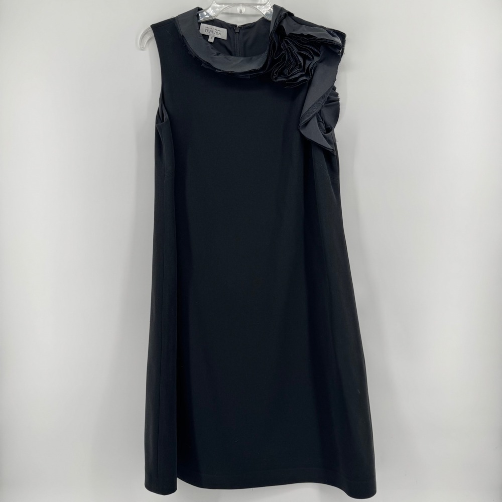 Rickie‎ Freeman Teri Jon Black Rosette Ruffle Neck Shift Cocktail Dress 10